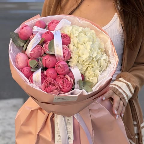 💗 Peony Roses Silva + Hydrangea — Nomad Flowers