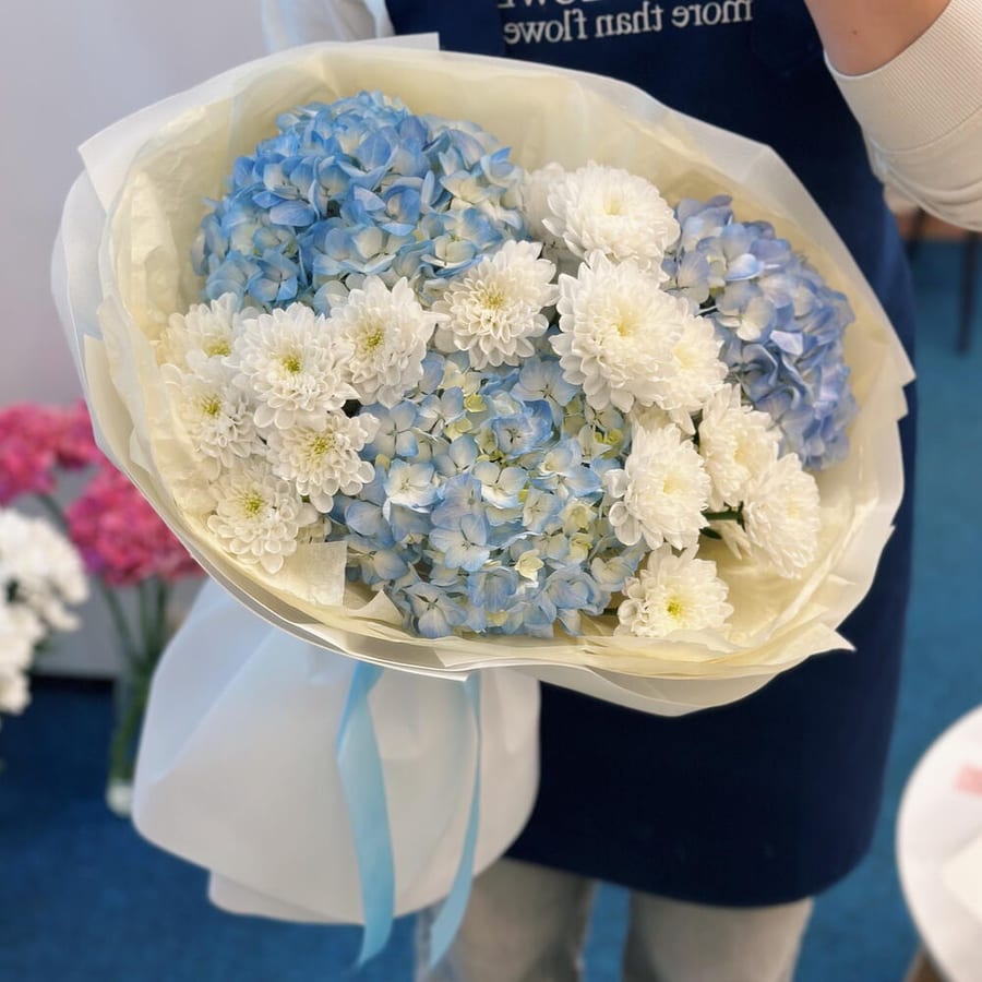 🦋 Blue Hydrangea and Chrysanthemum
